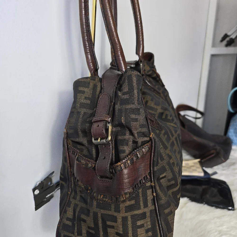 FENDI Zucca Etnico Handbag Tote Bag Nylon Canvas Leather Khaki Dark Brown - Picture 10 of 16